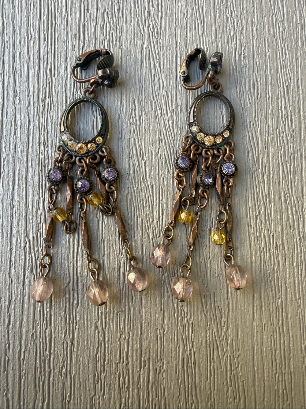 Vintage Chandelier Clip-On Earrings Rhinestone Beaded Dangle 3”